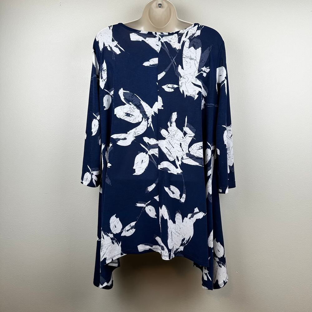 Clara Sun Woo Tunic Top Blouse Knit Floral Asymmetric Navy White Medium - Picture 4 of 8
